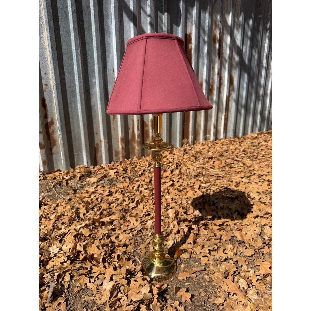 Traditional Brass Tone Buffet Table Lamp Burgundy Red Shade 30" Tall Vintage